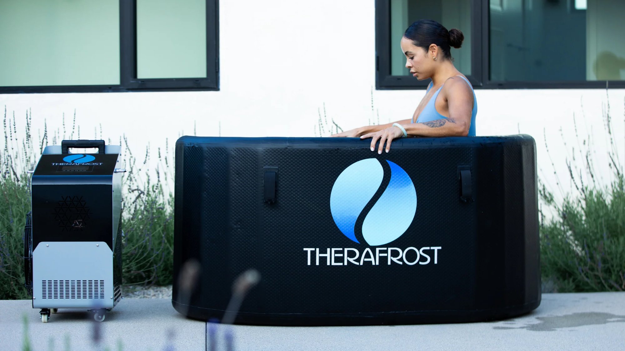 Therafrost cold plunge with external chiller outside a coastal home