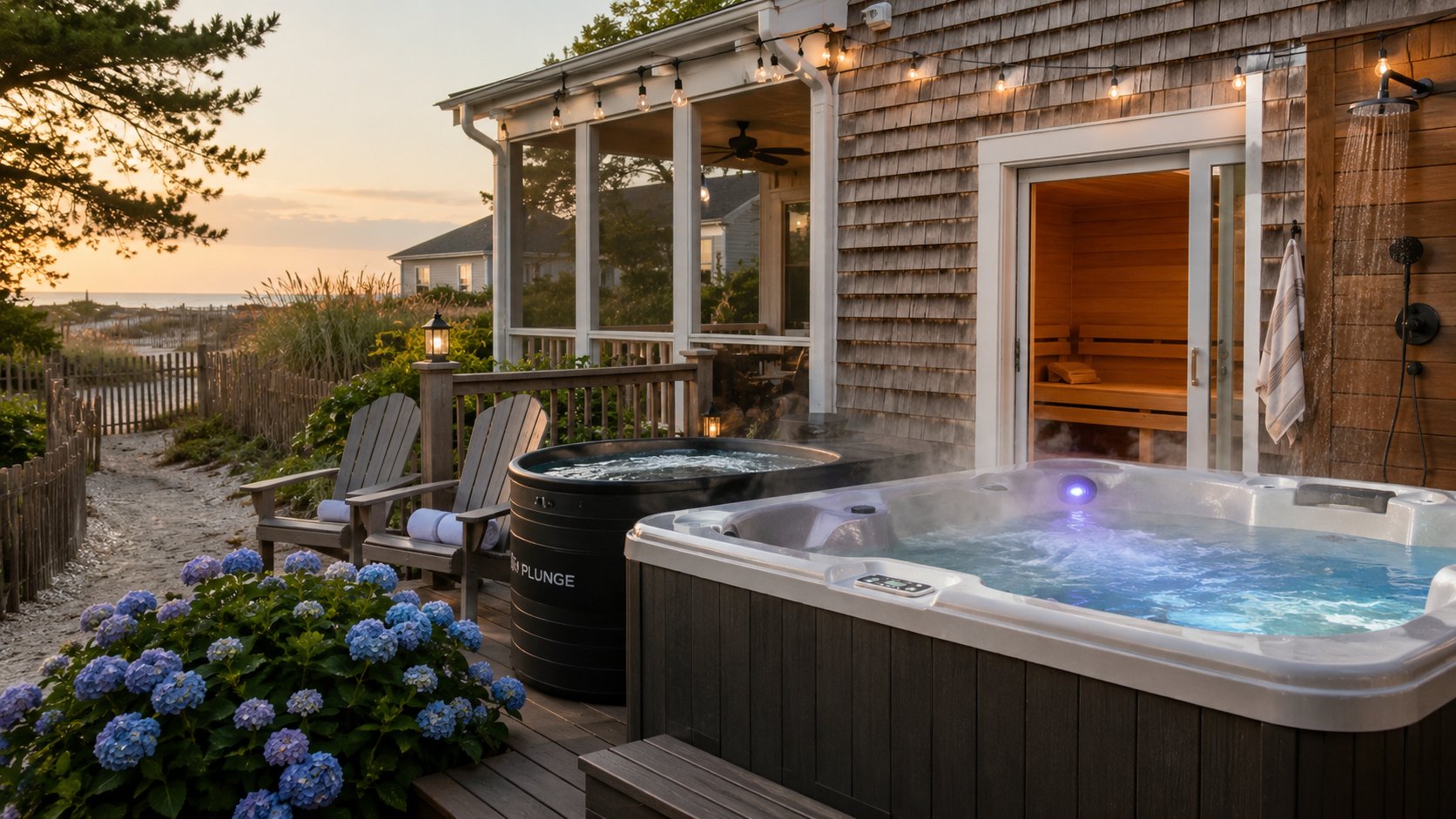 Hot tub and Therafrost cold plunge on the deck of a Rehoboth Beach vacation rental at sunset
